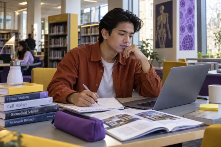 Young Nepali man with swept-back hair comparing UK university courses and intake options using a laptop and notebook for UK study planning.