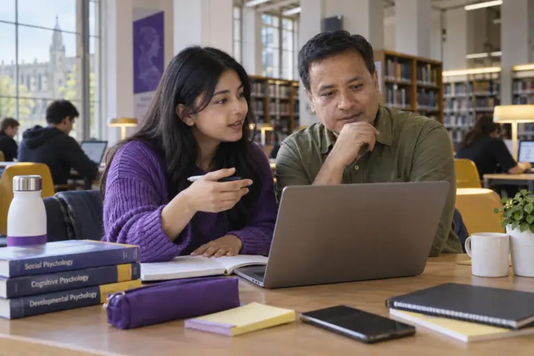 Nepali student discussing plans with a parent comparing UK university courses and intake options using a laptop and notebook for UK study planning.