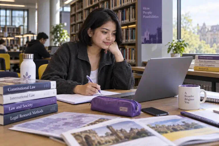 Young Nepali woman with a short bob comparing UK university courses and intake options using a laptop and notebook for UK study planning.