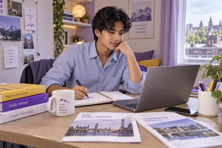 Young Nepali man with wavy hair comparing UK university courses and intake options using a laptop and notebook for UK study planning.