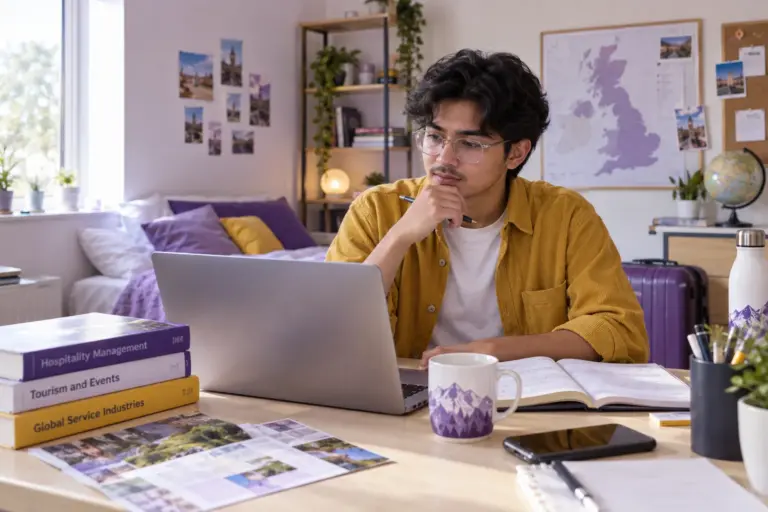 Young Nepali man with glasses comparing UK university courses and intake options using a laptop and notebook for UK study planning.