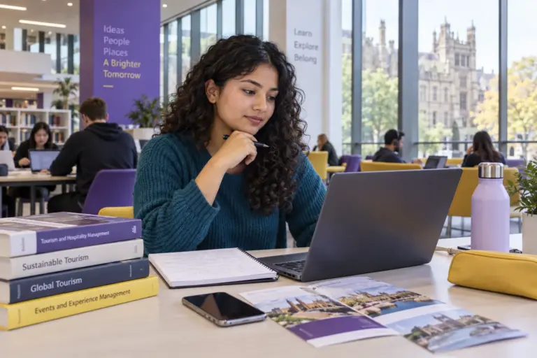 Young Nepali woman with curly hair comparing UK university courses and intake options using a laptop and notebook for UK study planning.