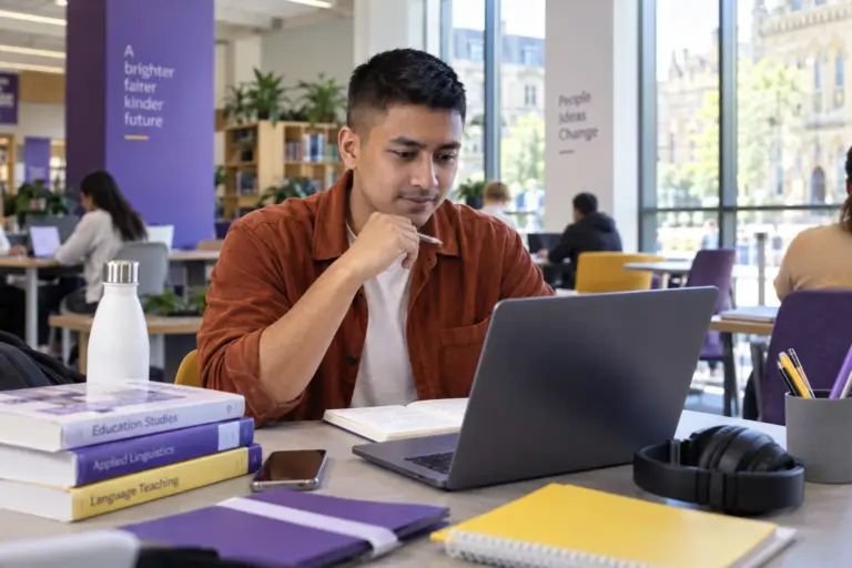 Young Nepali man with cropped hair comparing UK university courses and intake options using a laptop and notebook for UK study planning.