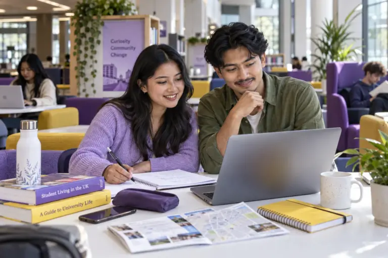 Two Nepali students, one woman and one man planning student accommodation and everyday campus life with a notebook and laptop in a welcoming UK study setting for UK study planning.