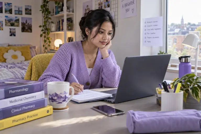 Young Nepali woman with tied-back hair comparing UK university courses and intake options using a laptop and notebook for UK study planning.