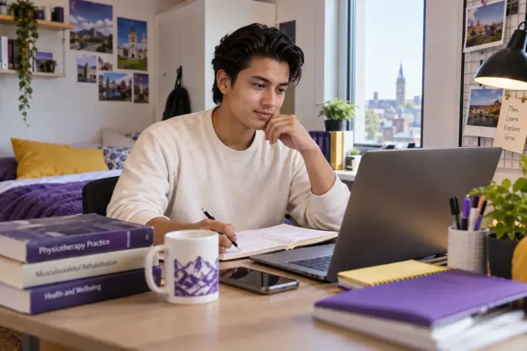 Young Nepali man with swept-back hair comparing UK university courses and intake options using a laptop and notebook for UK study planning.