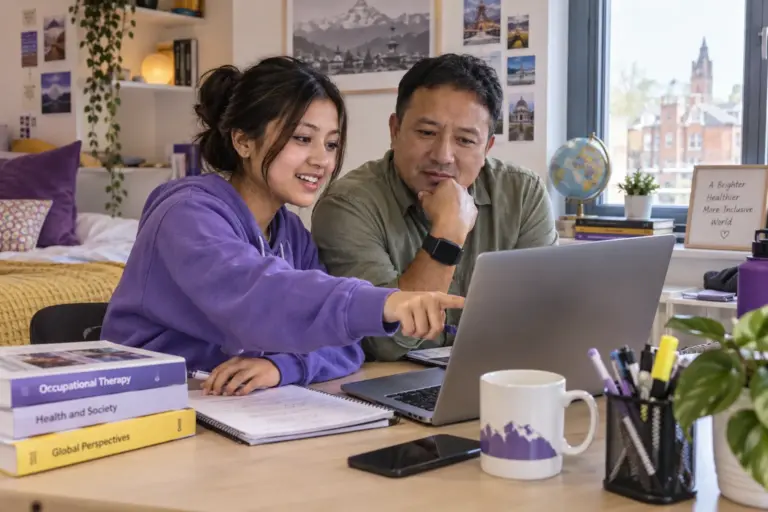 Nepali student discussing plans with a parent comparing UK university courses and intake options using a laptop and notebook for UK study planning.