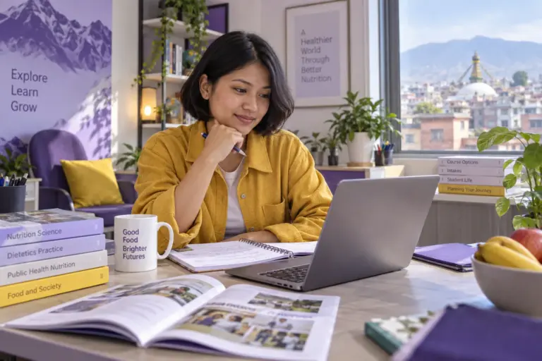 Young Nepali woman with a short bob comparing UK university courses and intake options using a laptop and notebook for UK study planning.