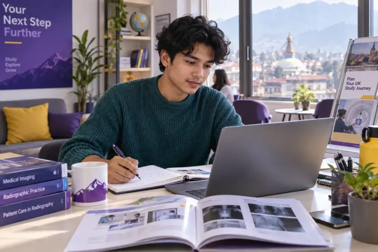 Young Nepali man with wavy hair comparing UK university courses and intake options using a laptop and notebook for UK study planning.