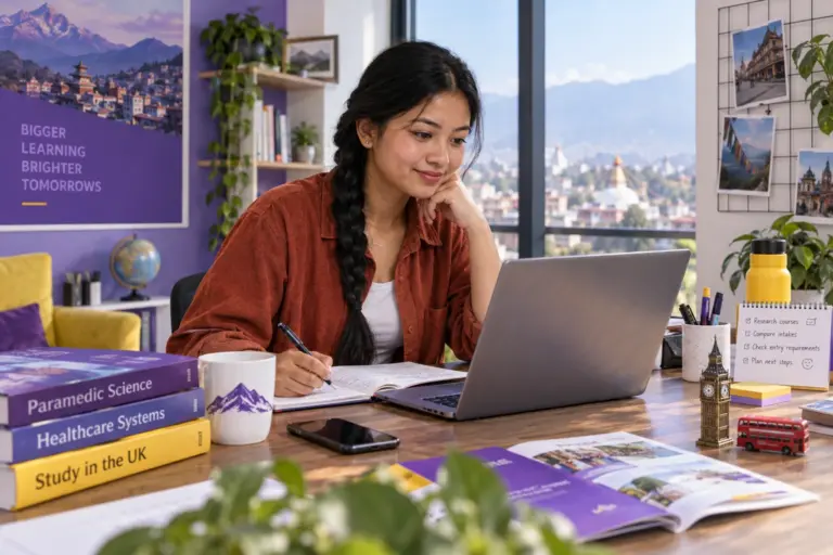 Young Nepali woman with a long braid comparing UK university courses and intake options using a laptop and notebook for UK study planning.