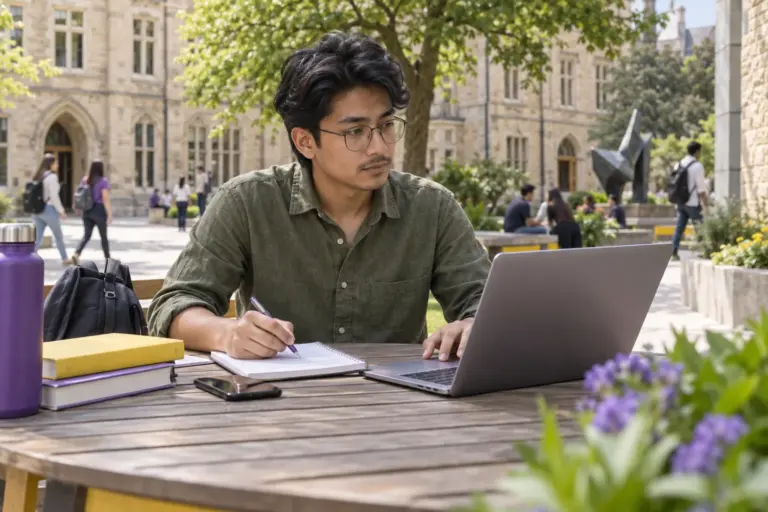 Young Nepali man with glasses comparing UK university courses and intake options using a laptop and notebook for UK study planning.