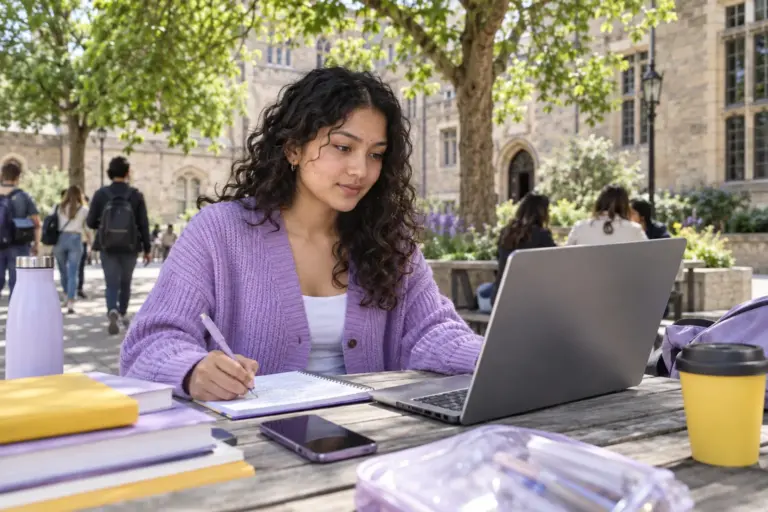 Young Nepali woman with curly hair comparing UK university courses and intake options using a laptop and notebook for UK study planning.