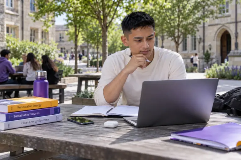 Young Nepali man with cropped hair comparing UK university courses and intake options using a laptop and notebook for UK study planning.