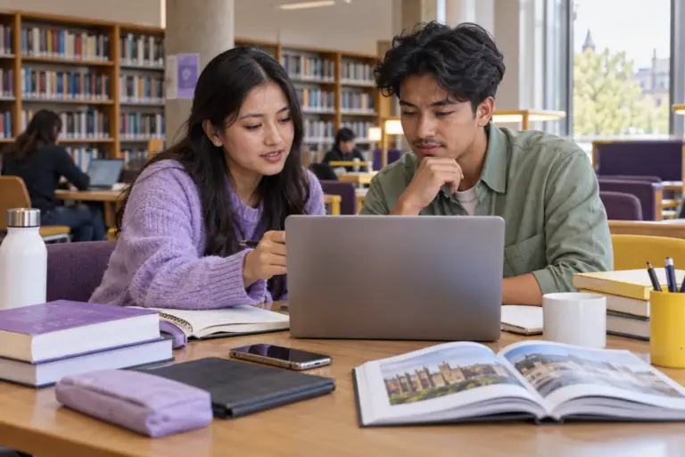 Two Nepali students, one woman and one man comparing UK university courses and intake options using a laptop and notebook for UK study planning.