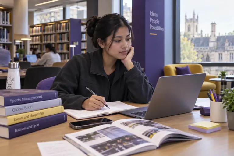 Young Nepali woman with tied-back hair comparing UK university courses and intake options using a laptop and notebook for UK study planning.