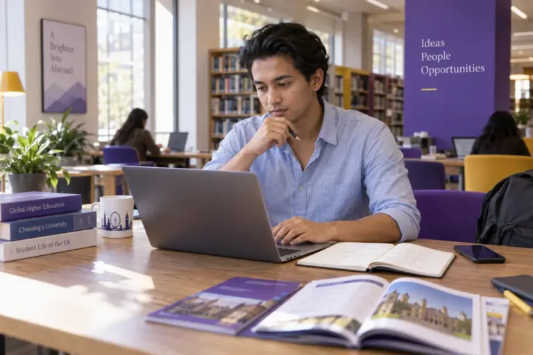 Young Nepali man with swept-back hair comparing UK university courses and intake options using a laptop and notebook for UK study planning.