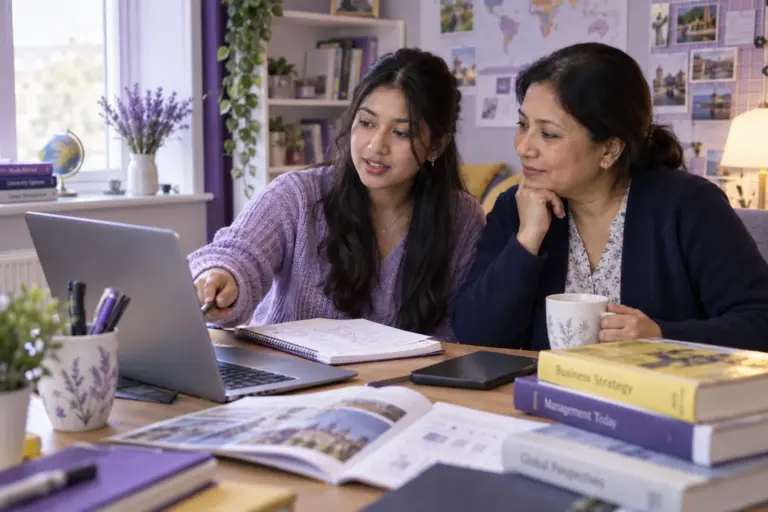 Nepali student discussing plans with a parent comparing UK university courses and intake options using a laptop and notebook for UK study planning.