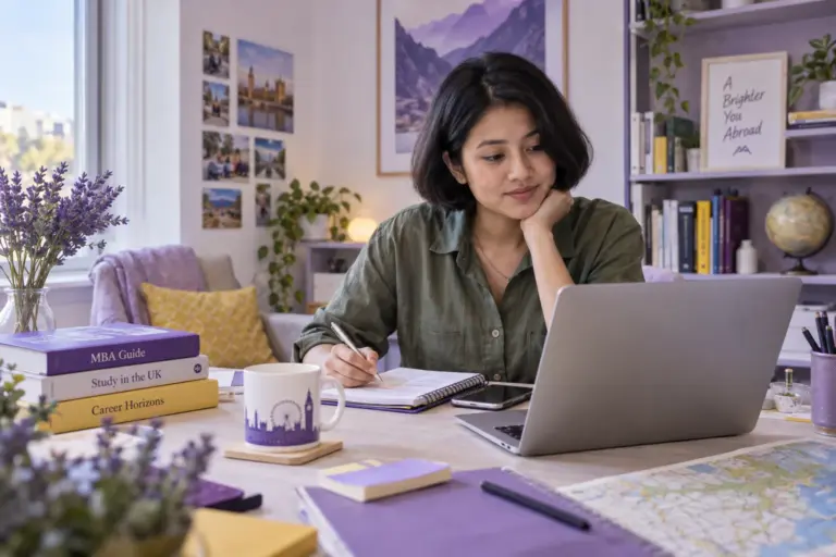 Young Nepali woman with a short bob comparing UK university courses and intake options using a laptop and notebook for UK study planning.