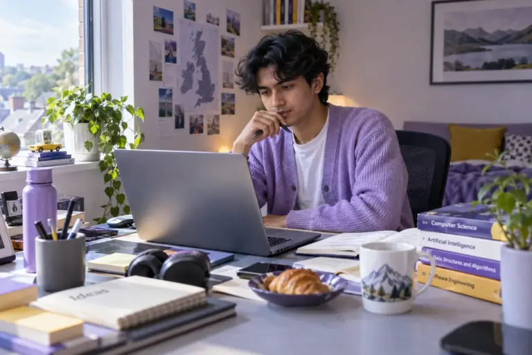 Young Nepali man with wavy hair comparing UK university courses and intake options using a laptop and notebook for UK study planning.