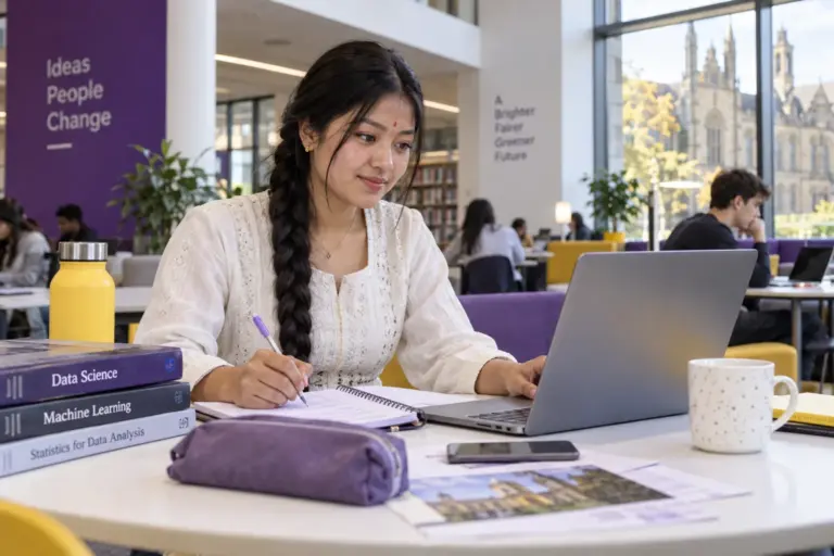 Young Nepali woman with a long braid comparing UK university courses and intake options using a laptop and notebook for UK study planning.