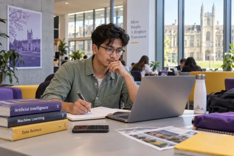 Young Nepali man with glasses comparing UK university courses and intake options using a laptop and notebook for UK study planning.