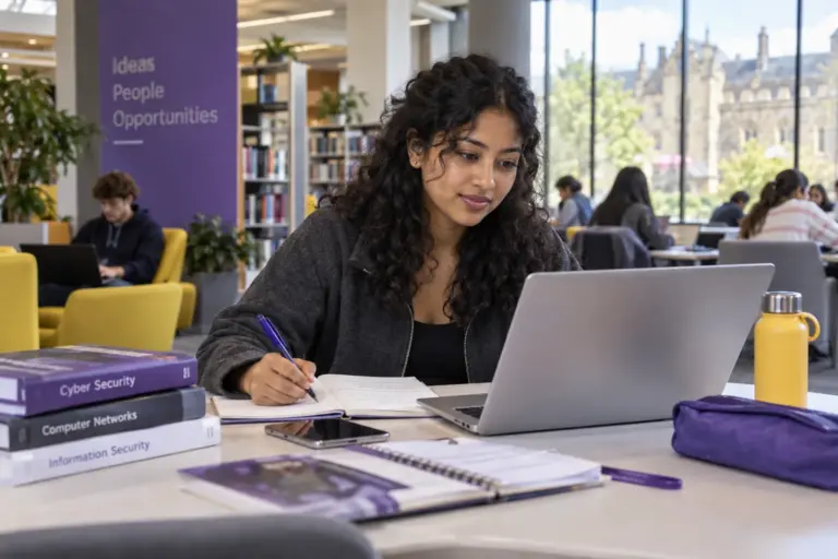 Young Nepali woman with curly hair comparing UK university courses and intake options using a laptop and notebook for UK study planning.