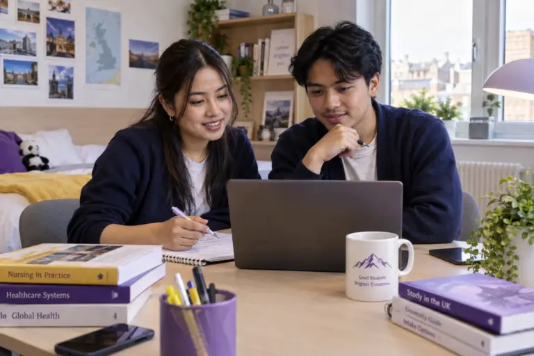 Two Nepali students, one woman and one man comparing UK university courses and intake options using a laptop and notebook for UK study planning.