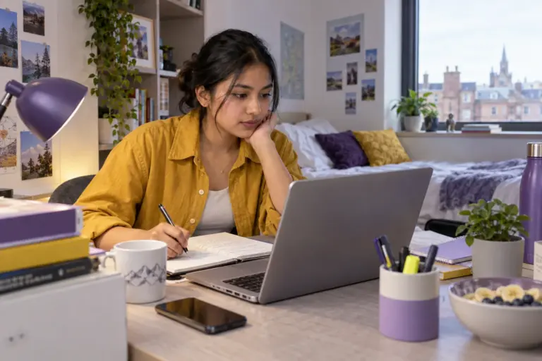 Young Nepali woman with tied-back hair comparing UK university courses and intake options using a laptop and notebook for UK study planning.