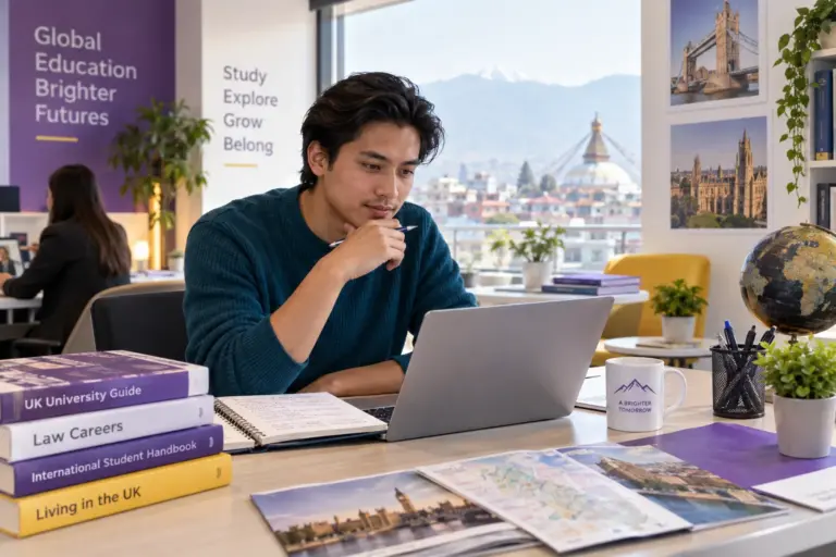 Young Nepali man with swept-back hair comparing UK university courses and intake options using a laptop and notebook for UK study planning.