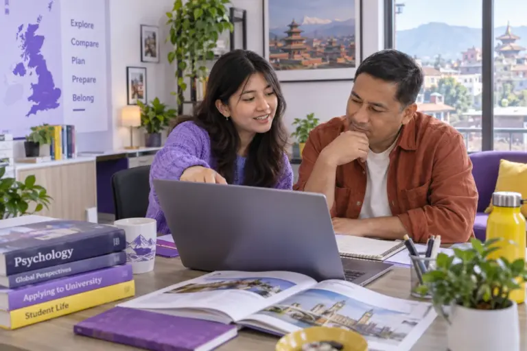 Nepali student discussing plans with a parent comparing UK university courses and intake options using a laptop and notebook for UK study planning.