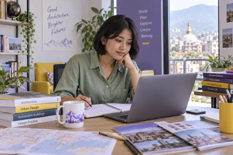 Young Nepali woman with a short bob comparing UK university courses and intake options using a laptop and notebook for UK study planning.