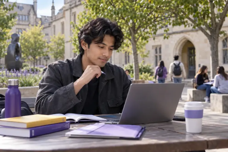 Young Nepali man with wavy hair comparing UK university courses and intake options using a laptop and notebook for UK study planning.