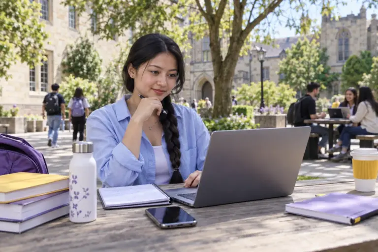 Young Nepali woman with a long braid comparing UK university courses and intake options using a laptop and notebook for UK study planning.