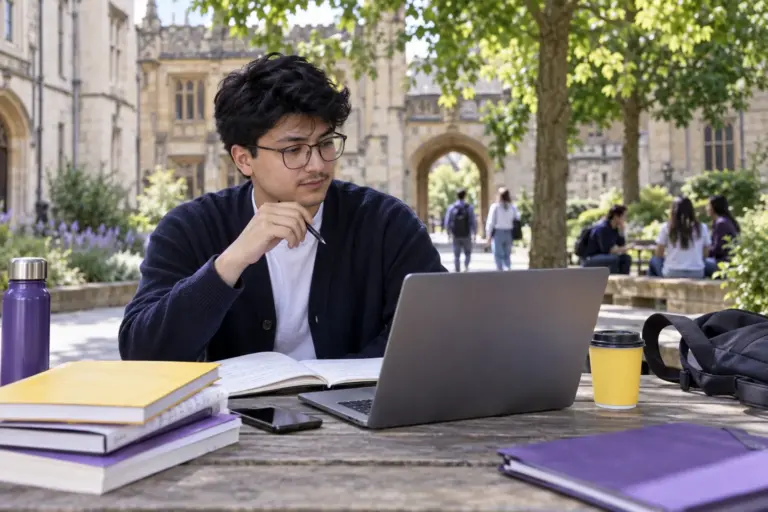 Young Nepali man with glasses comparing UK university courses and intake options using a laptop and notebook for UK study planning.
