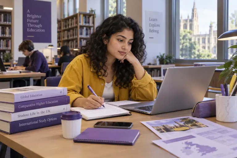 Young Nepali woman with curly hair comparing UK university courses and intake options using a laptop and notebook for UK study planning.