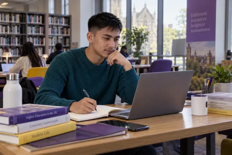 Young Nepali man with cropped hair comparing UK university courses and intake options using a laptop and notebook for UK study planning.