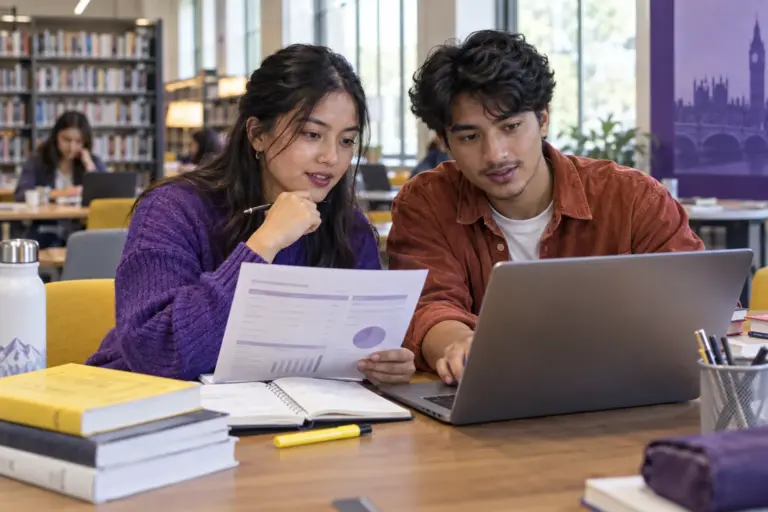 Two Nepali students, one woman and one man comparing a personal study budget worksheet and university tuition information on a laptop for UK study planning.