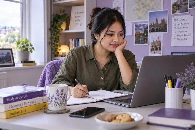 Young Nepali woman with tied-back hair comparing UK university courses and intake options using a laptop and notebook for UK study planning.