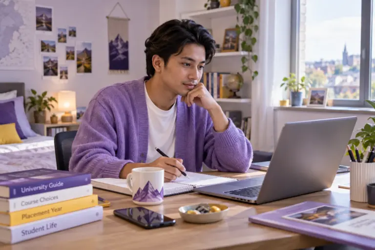 Young Nepali man with swept-back hair comparing UK university courses and intake options using a laptop and notebook for UK study planning.