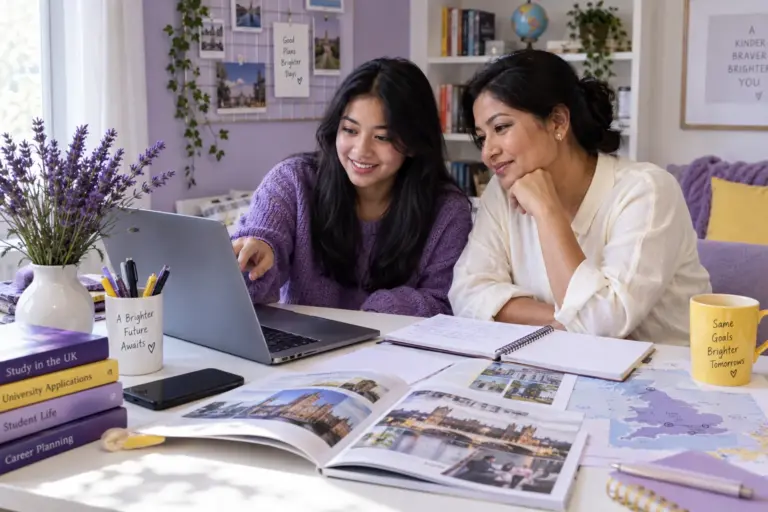 Nepali student discussing plans with a parent comparing UK university courses and intake options using a laptop and notebook for UK study planning.
