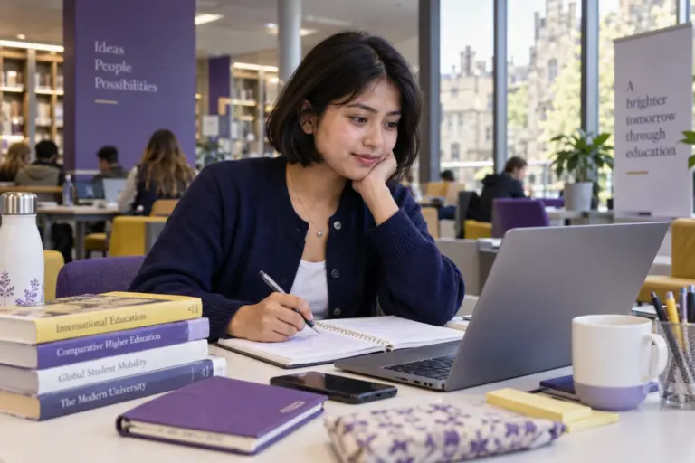 Young Nepali woman with a short bob comparing UK university courses and intake options using a laptop and notebook for UK study planning.
