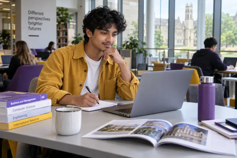 Young Nepali man with wavy hair comparing UK university courses and intake options using a laptop and notebook for UK study planning.