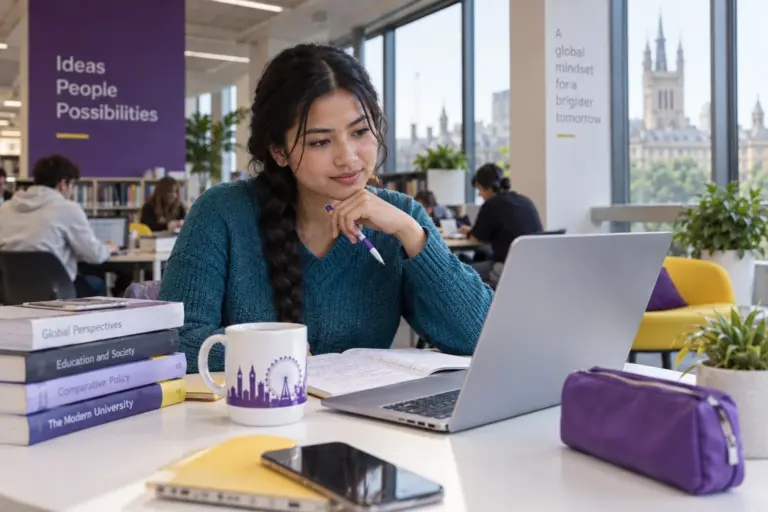 Young Nepali woman with a long braid comparing UK university courses and intake options using a laptop and notebook for UK study planning.