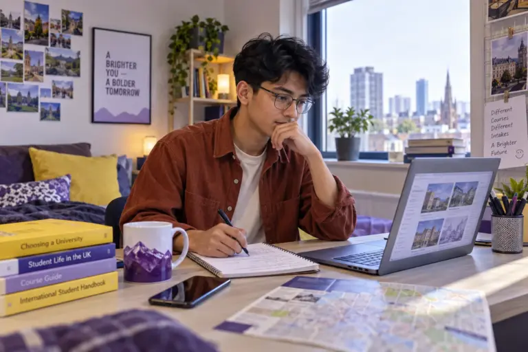 Young Nepali man with glasses comparing UK university courses and intake options using a laptop and notebook for UK study planning.