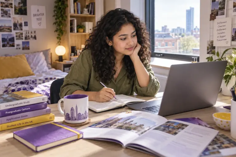 Young Nepali woman with curly hair comparing UK university courses and intake options using a laptop and notebook for UK study planning.