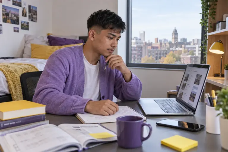 Young Nepali man with cropped hair comparing UK university courses and intake options using a laptop and notebook for UK study planning.