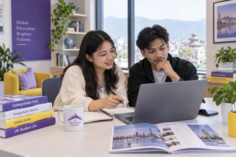 Two Nepali students, one woman and one man comparing UK university courses and intake options using a laptop and notebook for UK study planning.