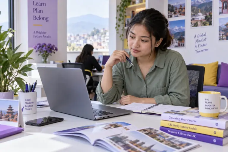 Young Nepali woman with tied-back hair comparing UK university courses and intake options using a laptop and notebook for UK study planning.