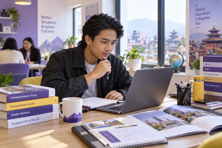 Young Nepali man with swept-back hair comparing UK university courses and intake options using a laptop and notebook for UK study planning.