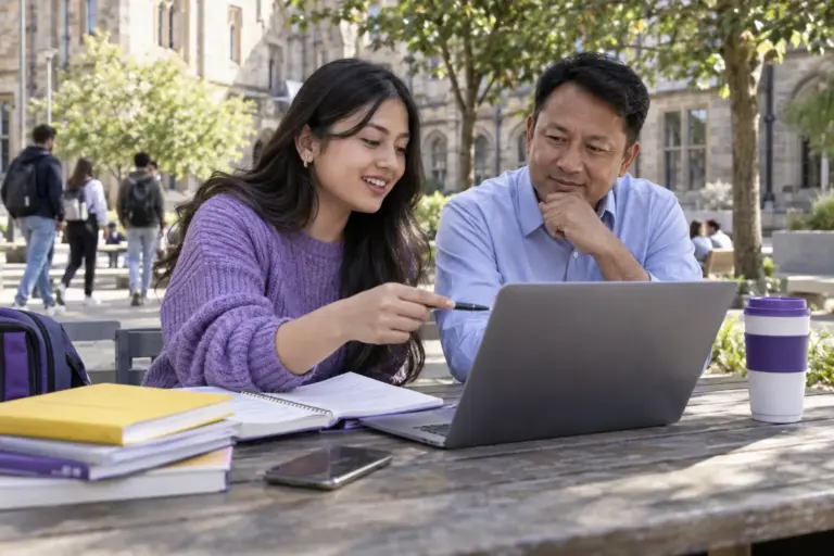 Nepali student discussing plans with a parent comparing UK university courses and intake options using a laptop and notebook for UK study planning.